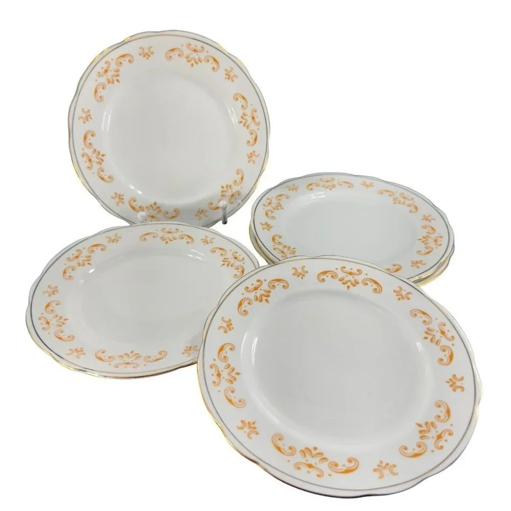 Cmielow Porcelain Ceramic Dish Plate Republic Of Poland Set 5‎ Orange White VTG